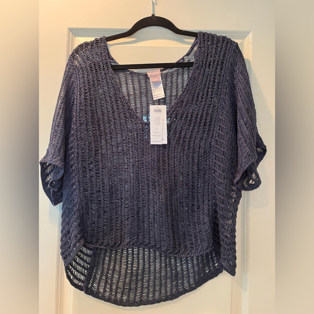 Chico’s Women’s Pullover Sweater Open Stitch VNeck Navy Size 1 NWT